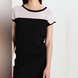 Women’s United Colors of Benetton Black White Crochet Mesh Top Mod Shirt Large